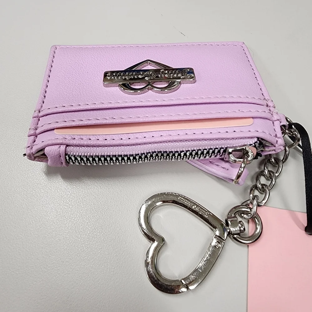 Juicy Couture Pink Faux Leather Glam Card Case Wallet Silver Heart Keychain Clip
